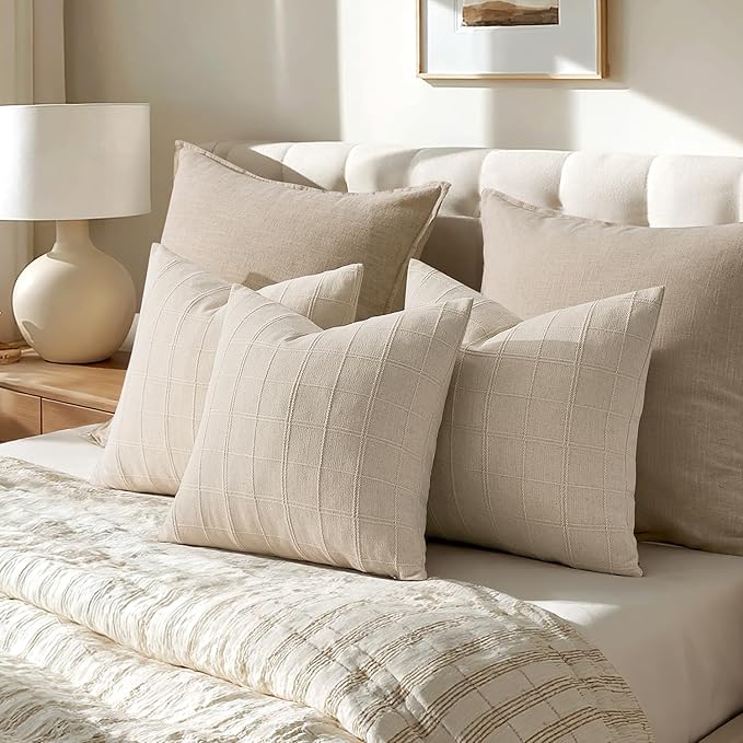 Woaboy Linen Check Throw Pillow Covers Set of 2 - Natural Beige Farmhouse Modern Boho Vintage Decorative Cushion Covers for Sofa Couch Bedroom Living Room Decor 22x22 Inch