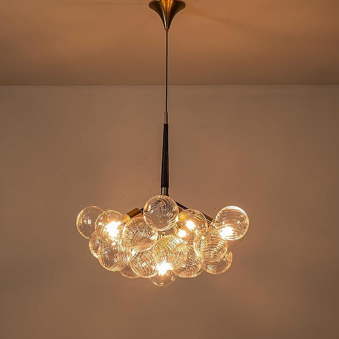 Mid-Century Bubble Ball Chandelier Black Gold 6-Light Cluster Clear Swirled Blown Glass Globe Pendant Light Dia 24" Chandeliers Lighting Light Fixtures for Dining Room Bathroom Island Entryway