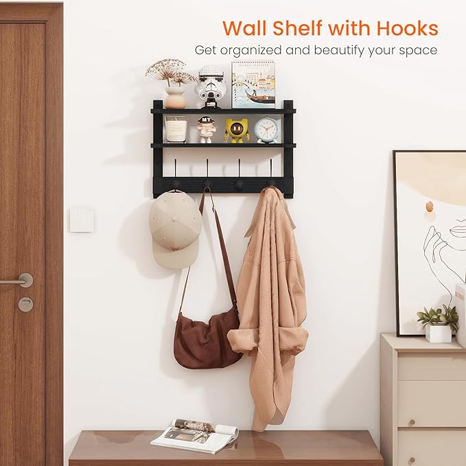 Homode Coat Rack Wall Mount, 2 Tier Wall Shelf with Hooks, 17" Wooden Coat Hanger with Shelf Entryway Key Holder, Floating Shelves for Hanging Hats Keys Towels Jackets Purse Backpack, Black