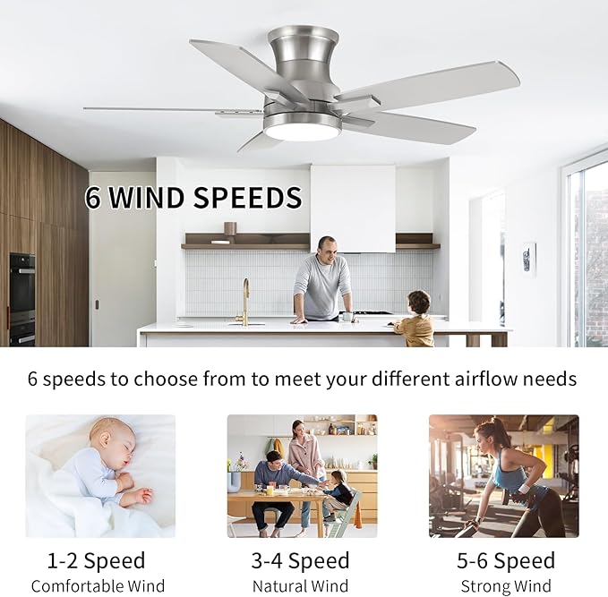 YUHAO 42 Inch Flush Mount Brushed Nickel Ceiling Fan with Light and Remote Control.Noiseless,Dimmable,3CCT,6 Speeds Reversible, Low Profile DC Ceiling Fans for Indoor Use