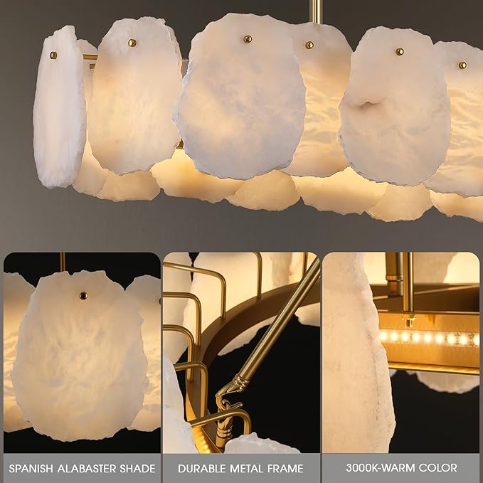 Rectangle Alabaster Chandelier, L43in Modern Spanish Marble Dining Room Chandelier Over Table, Adjustable Long Chandeliers for Living Room, Alabaster Chandeliers for Kitchen Island, Foyer, Entryway
