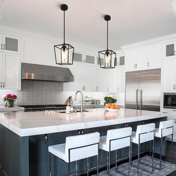 2 Pack Black Pendant Light Fixture 1-Light Farmhouse Pendant Lights Kitchen Island Lantern Iron Cage Hanging Lights with Clear Glass Shade for Entryway Dining Room Hallway Porch