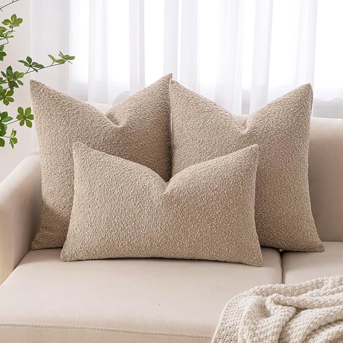 MIULEE 24x24 Decorative Euro Sham Throw Pillows for Bed Set of 2 Textured Boucle Neutral Winter Throw Pillow Covers Khaki Accent Solid Couch Pillowcases Sofa Livingroom Home Decor