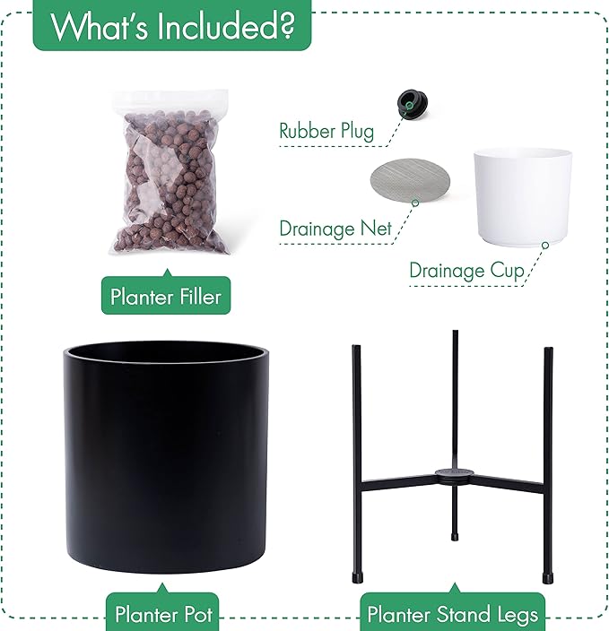 D'vine Dev Mid Century Fiberglass Resin Planter Pot with Iron Stand, 10 inch, Matte Black, 96-A-2-M