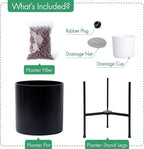 D'vine Dev Mid Century Fiberglass Resin Planter Pot with Iron Stand, 10 inch, Matte Black, 96-A-2-M
