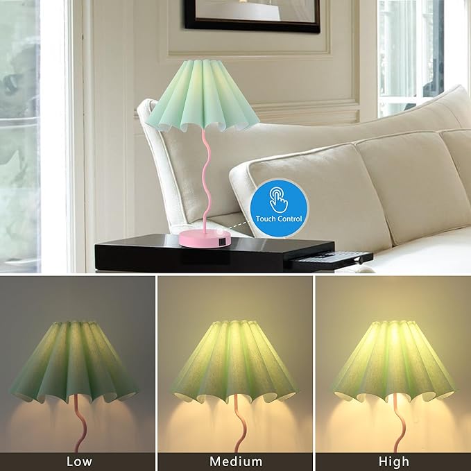 Pleated Table Lamp, Table Lamp for Bedroom, Bedside Lamps for Nightstand with Linen Lampshade, Modern Lamp for Bedroom Home Office Decor, Pink