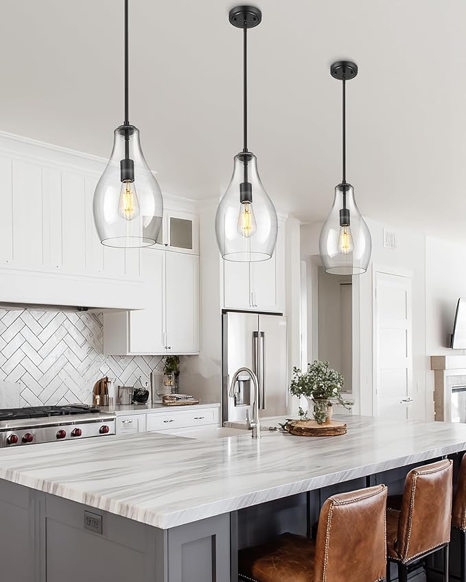 Black Pendant Lights Kitchen Island, 8" Large Hanging Light Fixtures with Clear Glass Shade, Modern Lagre Kitchen Pendant Lighting Over Island for Dining Room, AD-25045-1PB-BK