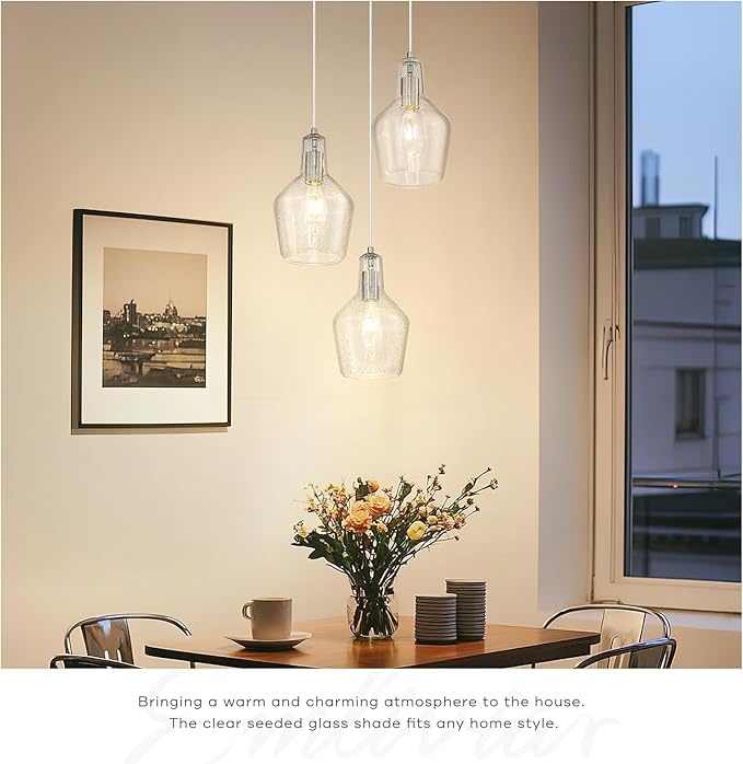 Emliviar Modern Kitchen Chandelier Brushed Nickel, 3-Light Hanging Pendant Lighting with Seeded Glass, Cluster Pendant Light Fixture for Entryway and Bedroom, DYE286G2-3 BN