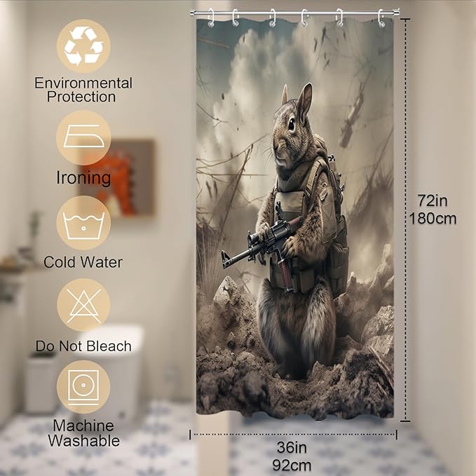 Funny Squirrel Shower Curtain Neutral Anime Theme Bathroom Bathtubs Fabric Aesthetic Shower Curtain Set with 12 Hooks 36 x 72 inches Waterproof Machine Washable Grey and Black