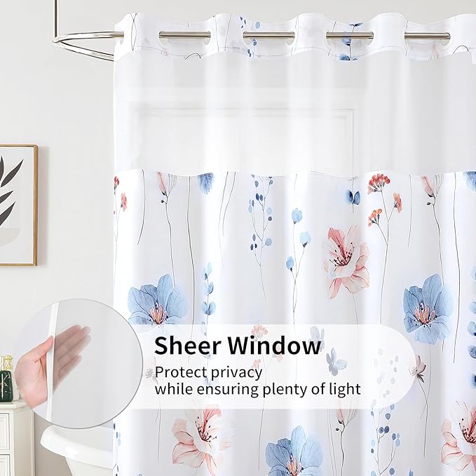 QiyI Flower Shower Curtain with Snap in Fabric Liner, Blue Watercolor Floral Cloth Bath Curtains, No Hook Shower Curtains with Mesh Top Window, Fabric Waterproof Bathroom Curtain Set, 72 x 75 Inch