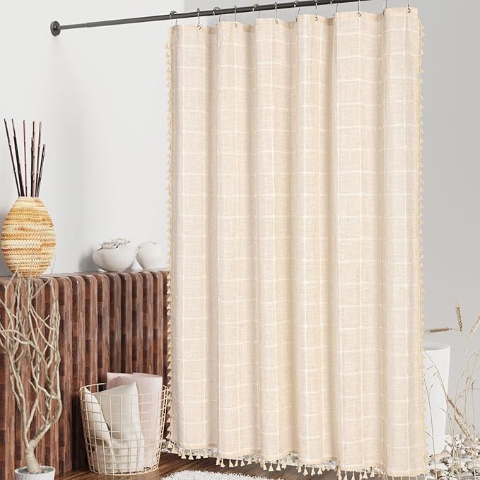 MitoVilla Cream Boho Extra Long Shower Curtain 72 x 84, Modern Farmhouse 84 inch XL Polyester Linen Texture Tassel Fabric Shower Curtain Set with Hooks for Cottagecore Country Bathroom Decor, Beige