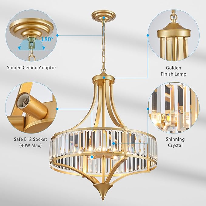 XINGQI 21.6" Modern Gold 6-Light Crystal Chandelier for Dining Room Large Round Pendant Lightting Fixture for Living Room Kitchen Island Bedroom