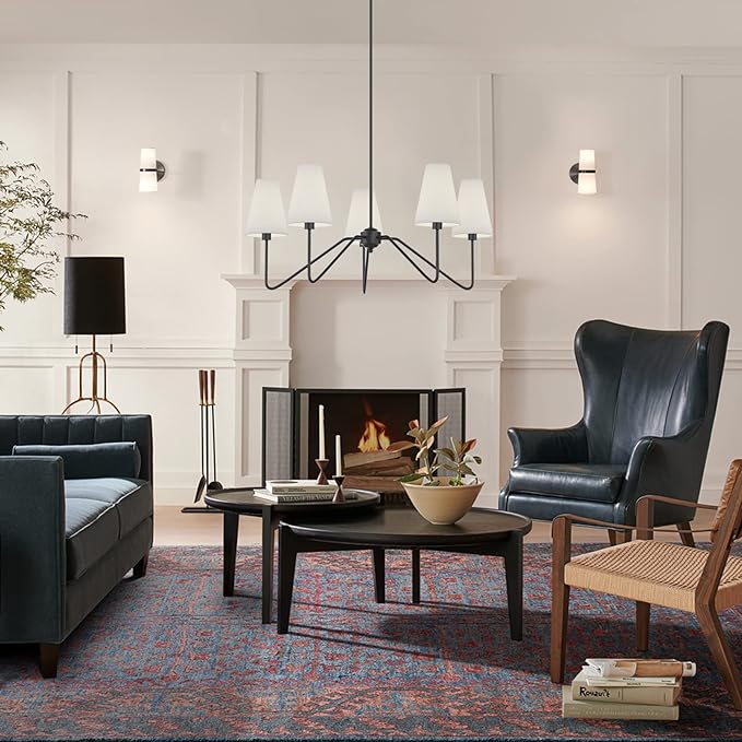 Electro bp;30" Dia 5-Arm Classic Chandeliers Matt Black with White Linen Shades,Light Fixture for Dining Room,Living Room,Bedroom,E12,200W