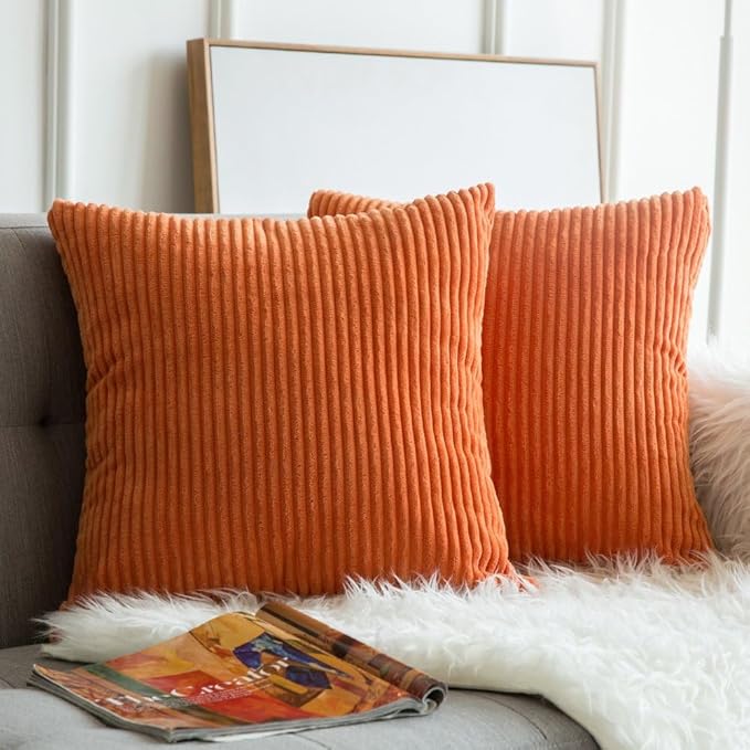 MIULEE Pack of 2 Orange Pillow Covers 14x14 Inch Soft Boho Striped Corduroy Throw Pillow Covers Set Decorative Square Cushion Cases Pillowcases for Sofa Bedroom Couch