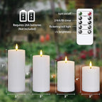 Waterproof Flickering Auto Timer White Plastic Flameless Candles with Candle Grease, 3" x4" 5" 6" 7" Outdoor LED Long Lasting Battery Operated Remote Control Pillar Candles, Pack of 4