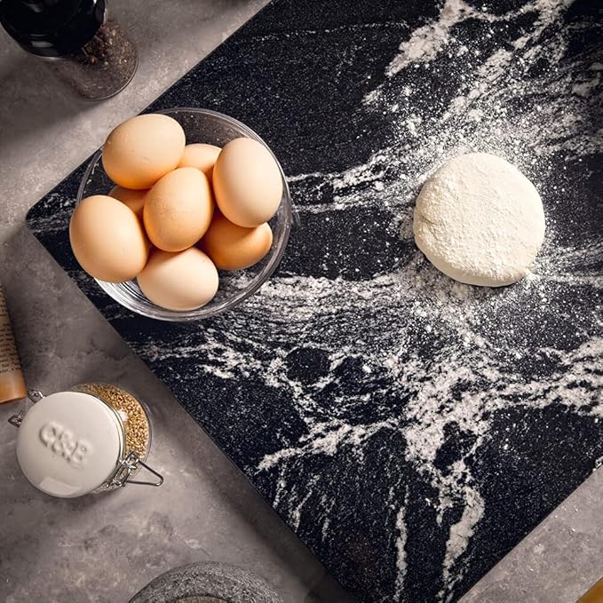 Natural Marble Cutting Board, Marble Pastry Board for Kitchen with Non-Slip Feet, Black with White Vein 16x12x0.7 Inch