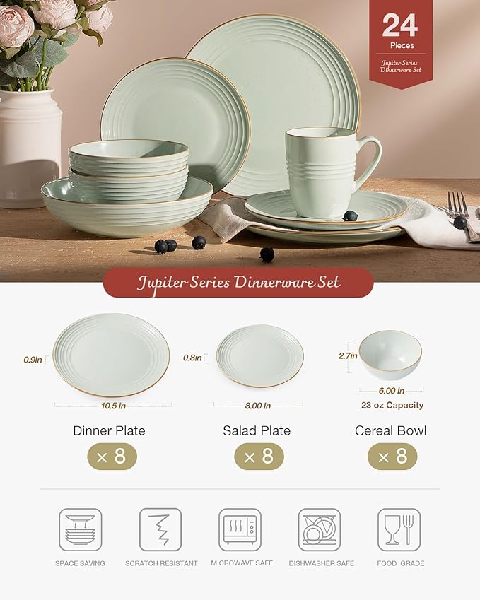 Famiware Jupiter Dinnerware Set, Plates and Bowls Dish Sets for 8 (24 Pieces), Microwave and Dishwasher Safe Stoneware Speckled Tableware, Chip and Scratch Resistant, Light Green