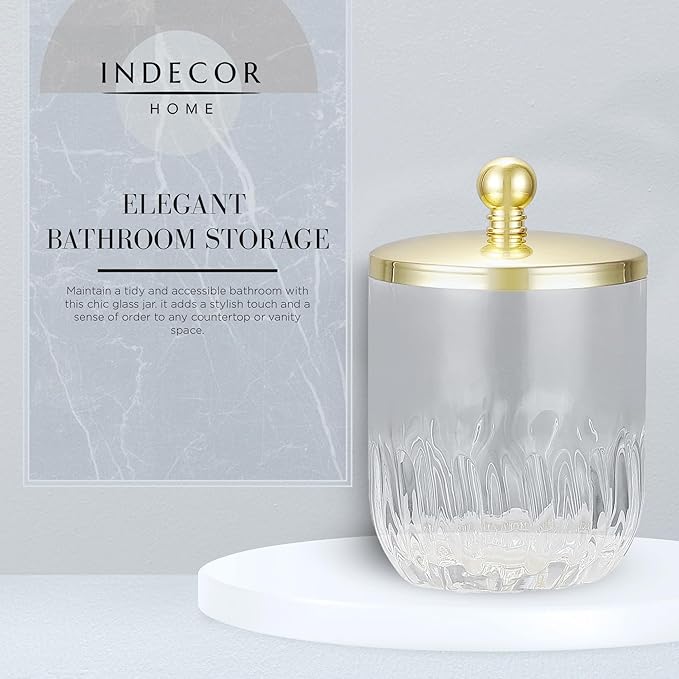 Glass Jar with Metal Lid for Bathroom Organization, Clear Apothecary Jar for Cotton Balls, Q Tips, and Small Accessories, Stylish Bathroom Storage Container Gold
