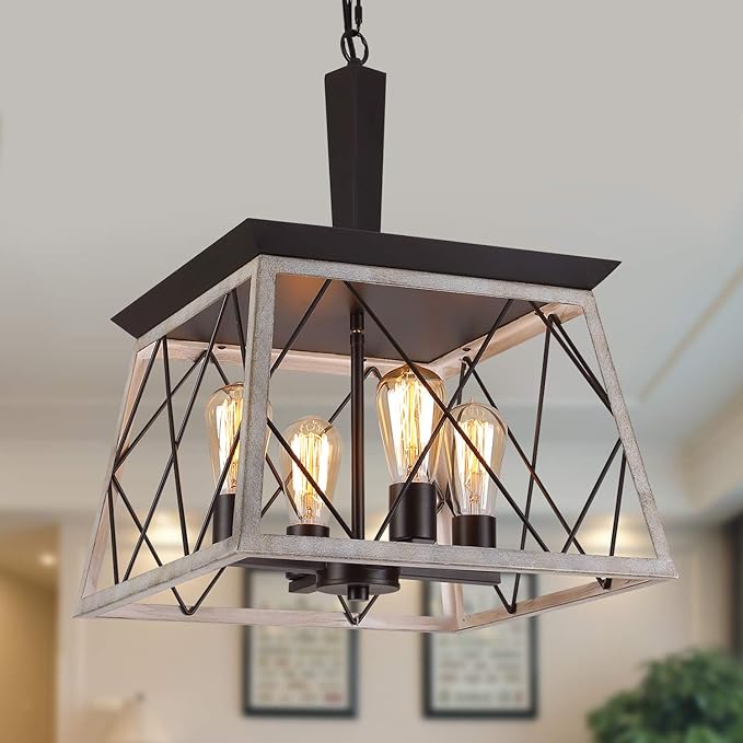 Q&S Farmhouse Vintage Chandelier, Rustic Pendant Light,Industrial Hanging Light Fixture for Dining Room Kitchen Island,Wrought Iron,ORB+Oak White 4 Lights E26 UL Listed