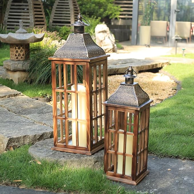 DECORKEY Large Farmhouse Wooden Metal Lantern Set of 3, 27''/22''/15'' H Rustic Decorative Indoor & Outdoor Hanging Candle Lanterns, Wooden Outdoor Lanterns for Patio Front Porch Table, Brown