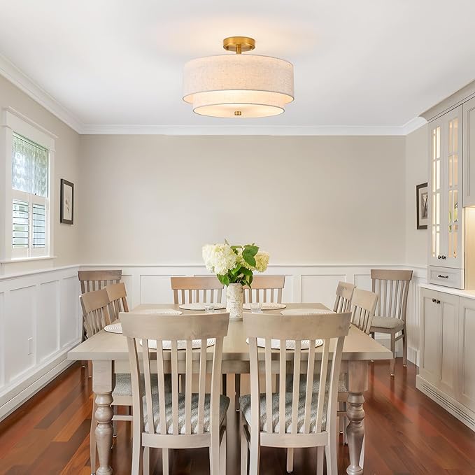 3-Light Semi Flush Mount Ceiling Light,16" Close to Ceiling Light Fixtures with Farmhouse Fabric Linen Shade, Double Drum Gold Flush Mount Ceiling Light for Bedroom Living Room Kitchen Dining Room