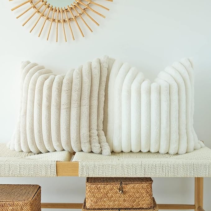 JOJUSIS Pack of 2 Faux Fur Plush Decorative Throw Pillow Covers For Home, Couch Cushion Case Soft Solid Pillowcases (Beige, 20 x 20-Inch)