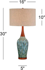360 Lighting Rocco Mid Century Modern Table Lamp 30" Tall Ceramic Blue Teal Glaze Wood Handmade Linen Drum Shade Decor for Living Room Bedroom House Bedside Home Entryway (Colors May Vary)