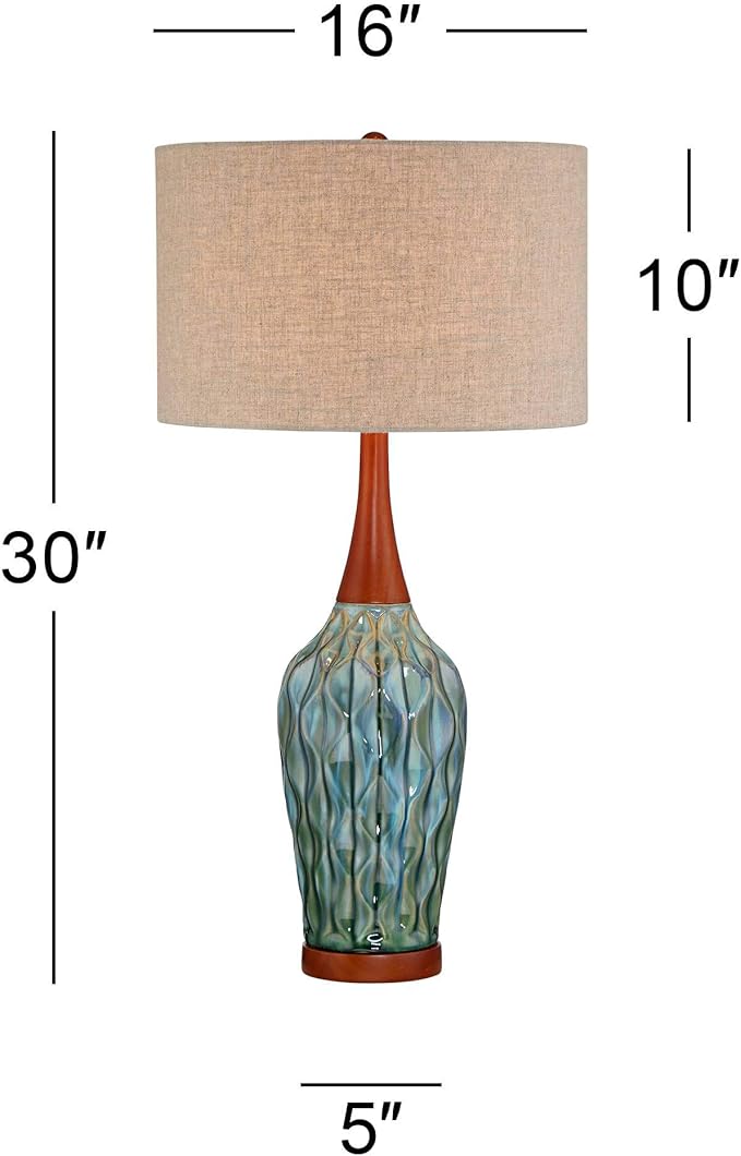 360 Lighting Rocco Mid Century Modern Table Lamp 30" Tall Ceramic Blue Teal Glaze Wood Handmade Linen Drum Shade Decor for Living Room Bedroom House Bedside Home Entryway (Colors May Vary)