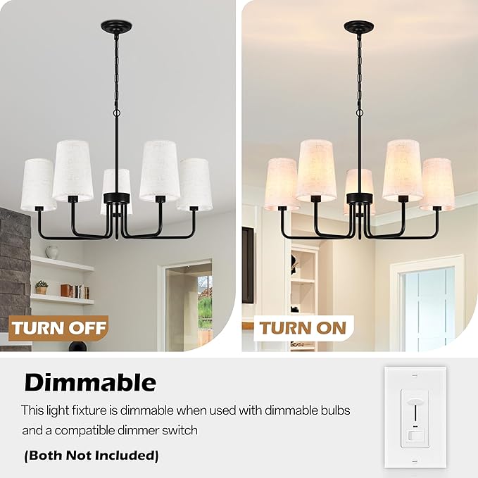 28" Black Boho Farbric Chandelier for Living Room 5-Light Coastal Farmhouse Chandeliers for Dining Room Adjustable Rustic Boho Pendant Light Fixture Bedroom Kitchen Island Entryway Foyer