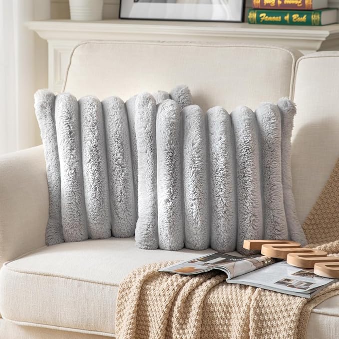 Faux Fur Plush Throw Pillow Covers 18x18 Inch Set of 2 - Luxury Decorative Fuzzy Striped Soft Cozy Pillowcase for Couch, Sofa, Living Room - Light Grey