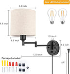 ENCOMLI Dimmable Plug in Wall Sconces, Swing Arm Wall Lamp, Wall Sconces Set of Two, Plug in Wall Light, Sconces Wall Decor Set of 2, Linen Fabric Shade, 2pcs Bulbs Included