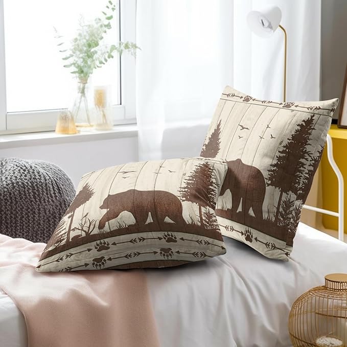 Bear Throw Pillow Covers Set of 2 Soft Wild Animal Rustic Wood Grain Cabin Brown Decorative Pillowcases Cushion Cover for for Couch Sofa Outdoor Indoor Farmhouse Home Decor