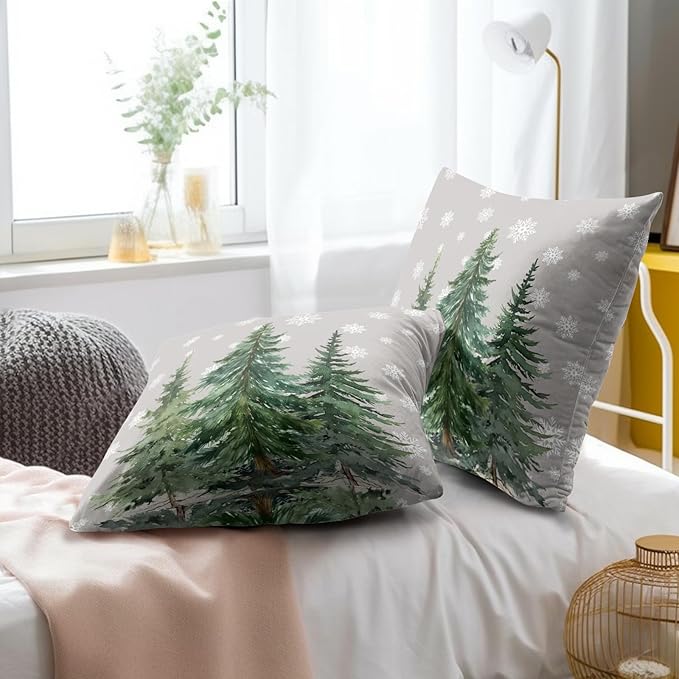 Winter Snow Trees Pillow Cover 16x16 Inch Holiday Christmas Farmhouse Home Decor Grey White Snowflake CottonThrow Pillow Case Cushion Cover for Sofa Couch