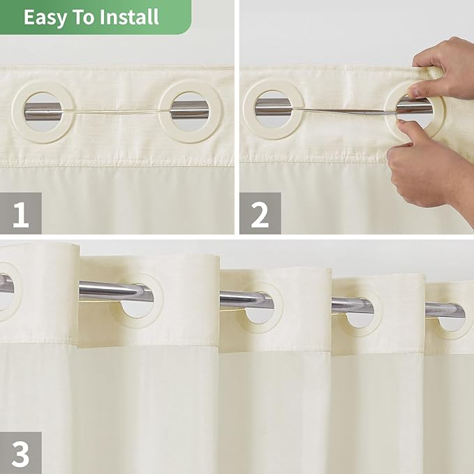 Cream Long No Hook Shower Curtain with Snap-in Fabric Liner Set,Slub Textured Fabric Shower Curtains for Bathroom,Hotel Style Modern Shower Curtain,Water Repellent & Washable,71x80(78)