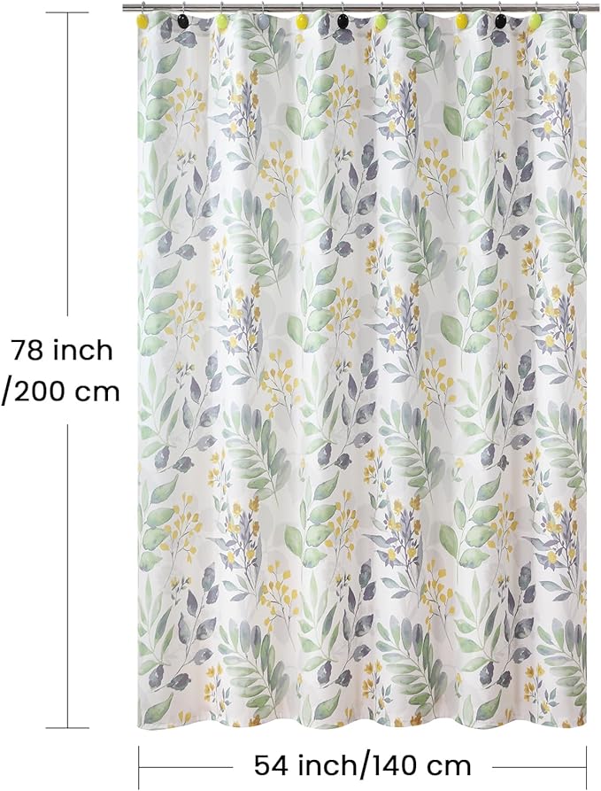 54x78 Inch Stall Shower Curtain, Sage Green Gray Yellow Watercolor Botanical Leaf Print Fabric Shower Curtains for Bathroom, 54" W x 78" H