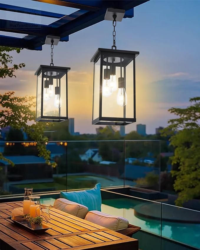 3-Lights Outdoor Pendant Lights, Large Black Exterior Ceiling Hanging Lanterns with Adjustable Chain, Modern Porch Pendant Lighting Fixtures for Front Door Entryway, E26 Bulb Base