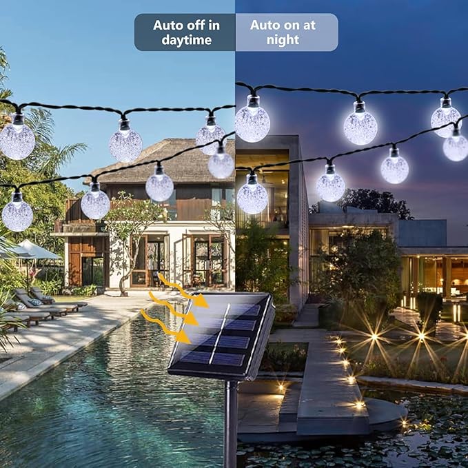 2-Pack 72FT 120 LED White Crystal Globe Solar String Lights Outdoor, Waterproof Solar Christmas Lights for Outside, 8 Lighting Modes Christmas Decorations for Garden Yard Porch Wedding Party Patio