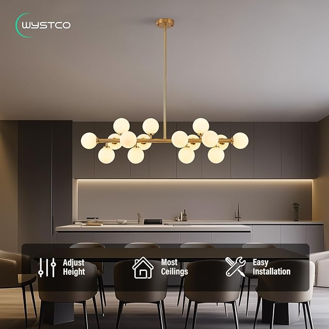 16-Light Globe Sputnik Chandelier, Mid Century Modern Light Fixture Over Table, Brass Gold Linear Chandeliers for Dining Room and Kitchen Island (Milk White Glass Bubble Shades, 40 Inch)