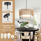 6-Light Large Rattan Chandelier, 25.6" Boho Pendant Light with Fabric Shade, Farmhouse Ceiling Light Fixture Chandelier for Dining Room, Living Room, Bedroom, Kitchen Island, Foyer, Hallway
