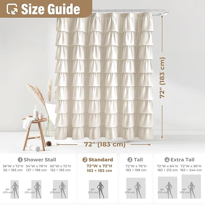 Seasonwood Ruffle Shower Curtain Cream Farmhouse Vintage Handcrafted Rustic Decorative Fabric Shower Curtains for Bathroom, 72" x 72"