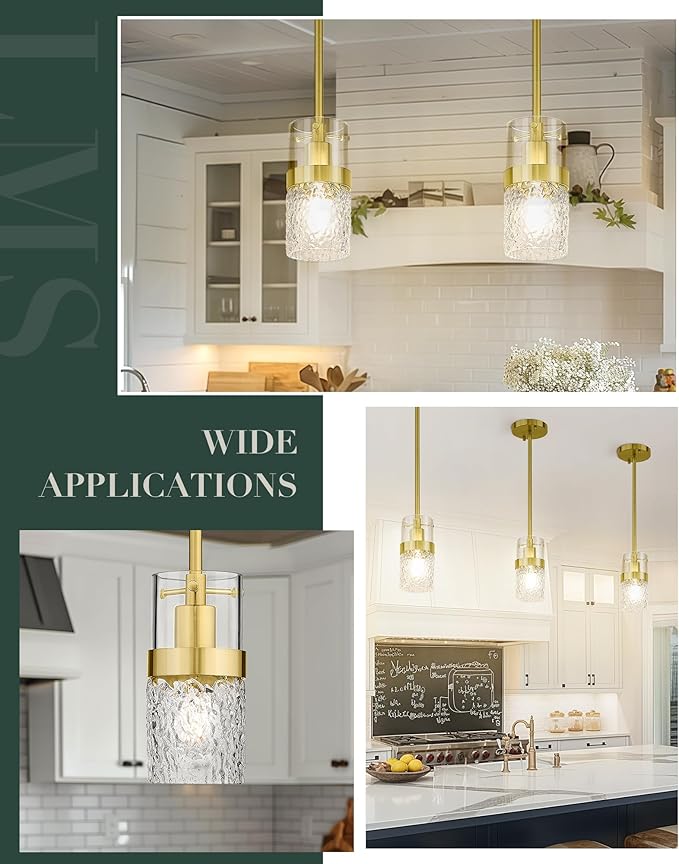LMS 2-Pack Modern Pendant Lights, Brushed Gold Pendant Light Kitchen Island with Hammered Glass, Adjustable Hanging Light Fixtures for Kitchen, Dining Room, Living Room, LMS-171GD2