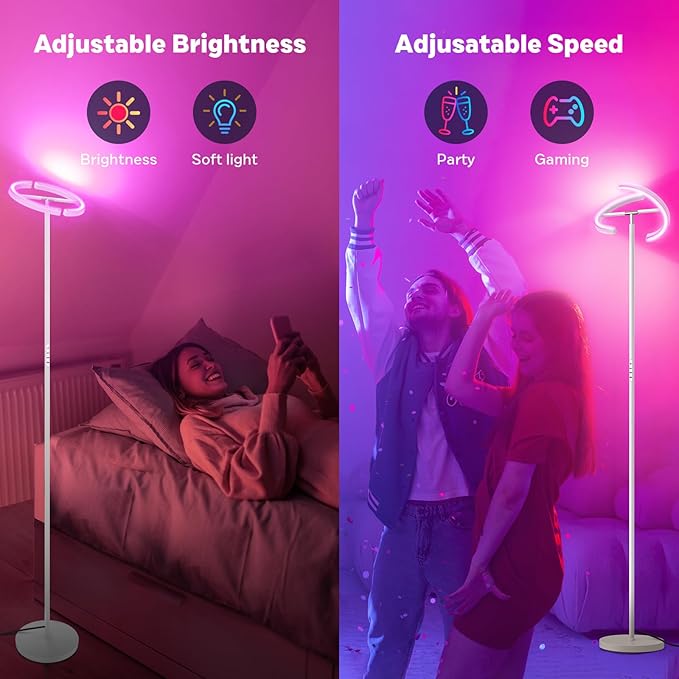 White RGBCW Floor Lamp, Bright Color Changing RGB Standing Lamp, Modern Stepless Dimmable LED Tall Lamp with Remote Control, 20W 3000-6000K Floor Lamps for Living Room, Bedroom, Office
