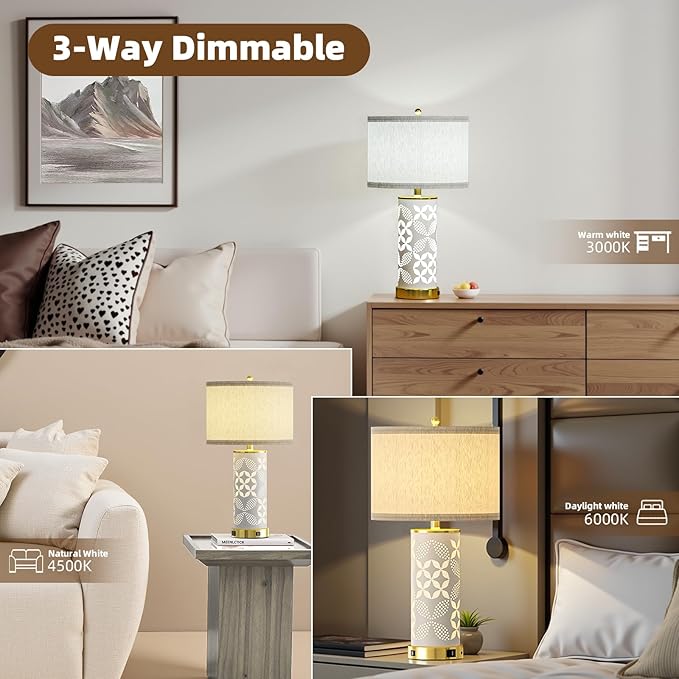 Ceramic Table Lamps Set of 2, UpDown Dual Light with USB C+A, 22"Bedroom Lamp&Beside Lamp with 3 Color Temperature for Bedroom and Living Room, Night Light for Nightstand and Desk Decor (With 2 Bulbs)