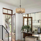 LynPon 17.7" Black Rattan Boho Chandeliers Light Fixtures, 6-Light Farmhouse Hand-Woven Pendant Light with Wicker Shade, Vintage Coastal Hanging Light for Dining Room Living Room Kitchen Hallway