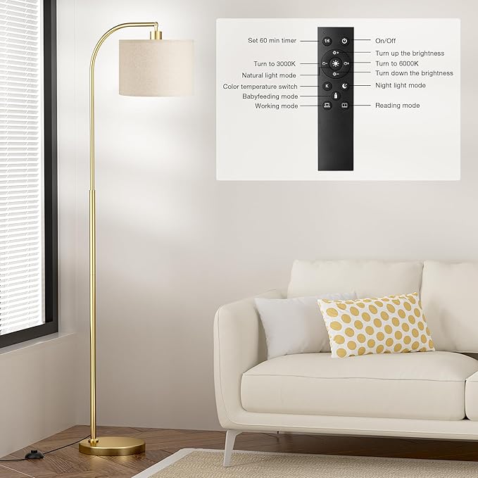 Arc Floor Lamp with Remote and Stepless Dimmable Bulb, Colors Temperature & Brightness Adjustable, Gold Floor Lamps for Living Room（Deep Beige Shade & Gold Pole）