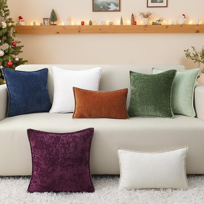 decorUhome Christmas Chenille Soft Throw Pillow Covers 18x18 Set of 2, Farmhouse Velvet Neutral Decorative Euro Pillow Covers with Stitched Edge for Couch Sofa Bed Home Decor, Rhododendron