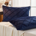JAUXIO Diamond Pinch Pleated Crystal Velvet Pillowcases 2 Pack Solid Pintuck Throw Cushion Cover for Home Decor Hidden Zipper Closure (Navy, King)