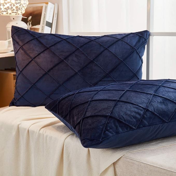 JAUXIO Diamond Pinch Pleated Crystal Velvet Pillowcases 2 Pack Solid Pintuck Throw Cushion Cover for Home Decor Hidden Zipper Closure (Navy, Standard)