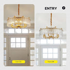 Gold Crystal Chandeliers for Dining Room 10-Light, 29.5” Modern Water Ripple Glass Light Fixture, Farmhouse Round Lighting for Kitchen Island, Bar Table