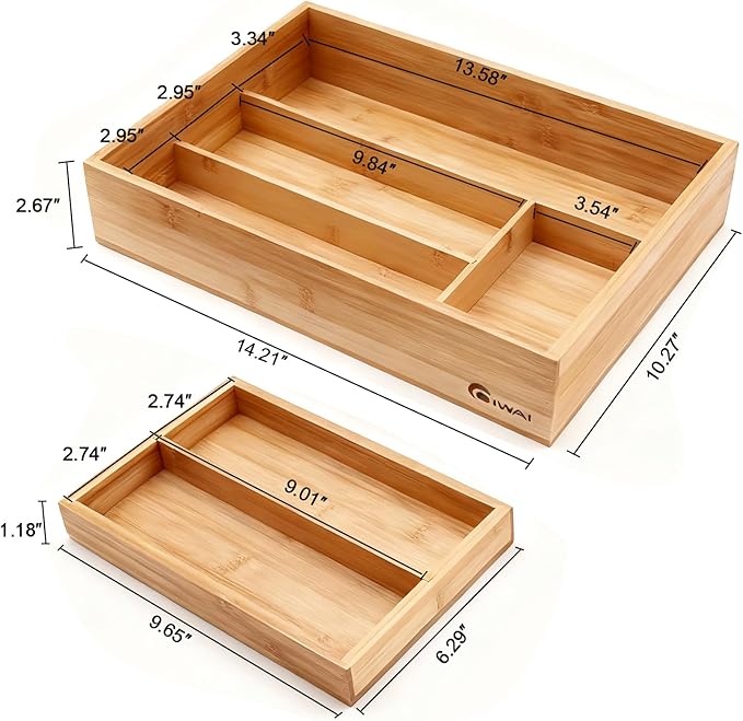 2-Tier Drawer Organizer with Removable Cutlery Tray Kitchen Utensil Silverware Drawer Organizer, Silverware Tray for Drawer Utensil Holder Bamboo Flatware Box for Utensils Stationery Cosmetics (S)